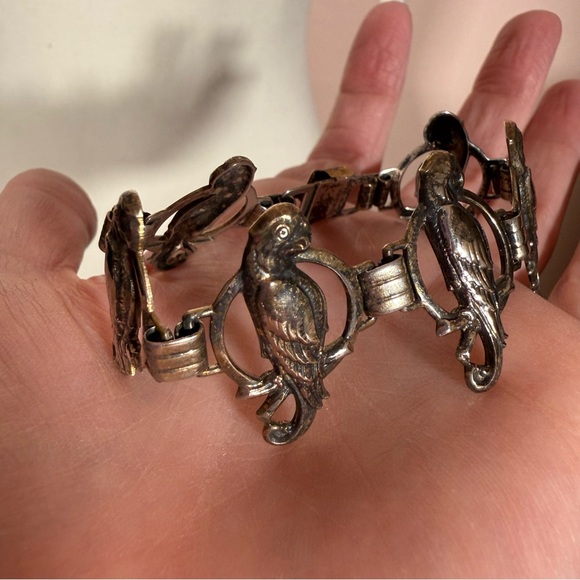 Antique Victorian deco gold vermeil Sterling silver bird parrot wide bracelet - Picture 14 of 17